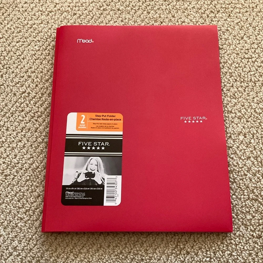 NEW Mead Five Star 2 Pocket Premium Stay Put Folder Red with Dividers Plastic